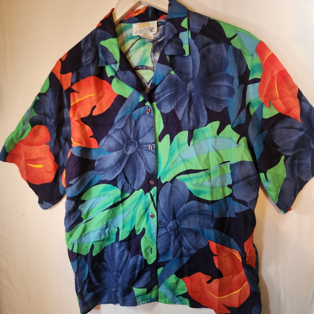 Elite International Vintage Tropical Floral Rayon Button Up Shirt Size 6‎ Blue